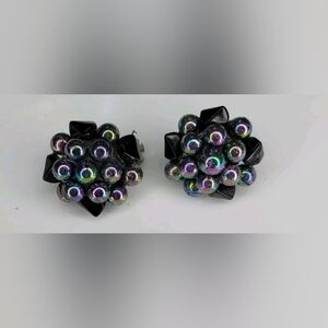 Vintage‎ Black Beaded Clip On Earrings,  iridescent beads